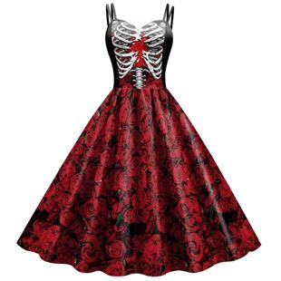 Cosplay Halloween Costume Fancy Skeleton Rose Print Women Gi