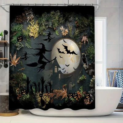Halloween-themed shower curtain featuring a witch flying thr