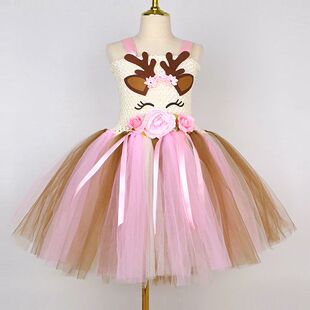 Pink Flowers Deer Costumes for Baby Girls Christmas Tutu Dre