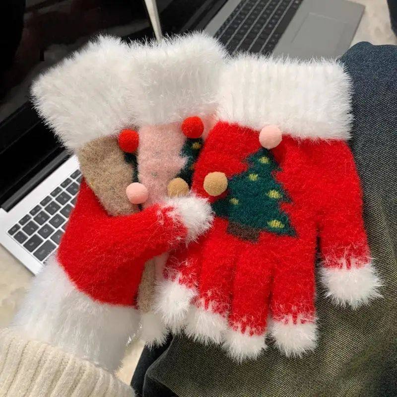 Snowflake Christmas Tree Gloves For Women Winter Plush Warm