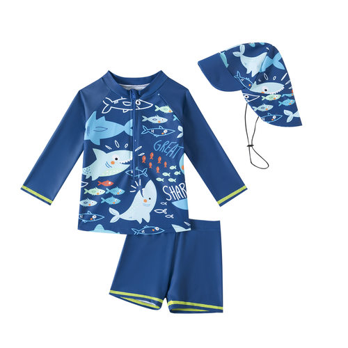3Pcs Toddler Boys Rash Guard Swimsuits Cute Fish Print Long