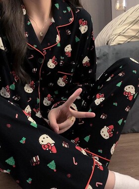 2Pcs/Set Christmas Hello Kitty Pajama Set Anime Cute Woman's