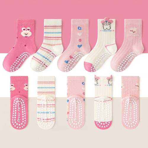 5-Pack Children's Floor Socks with 3D Bunny and Floral Patte