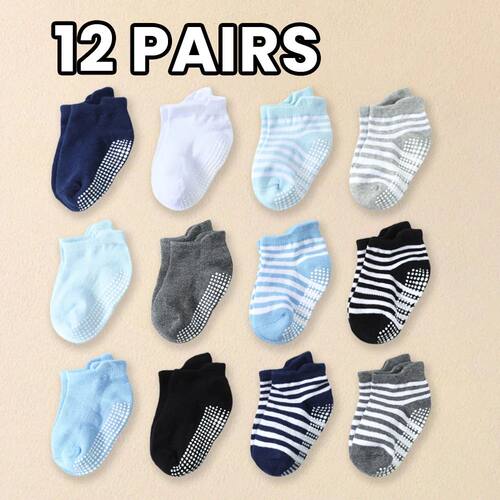 12 Pairs Kids' Anti-Slip Socks Pure Color Stripe Short Socks
