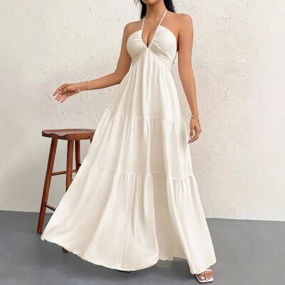 Romantic Beach Vacation Backless V-Neck White Pleated A- Lin