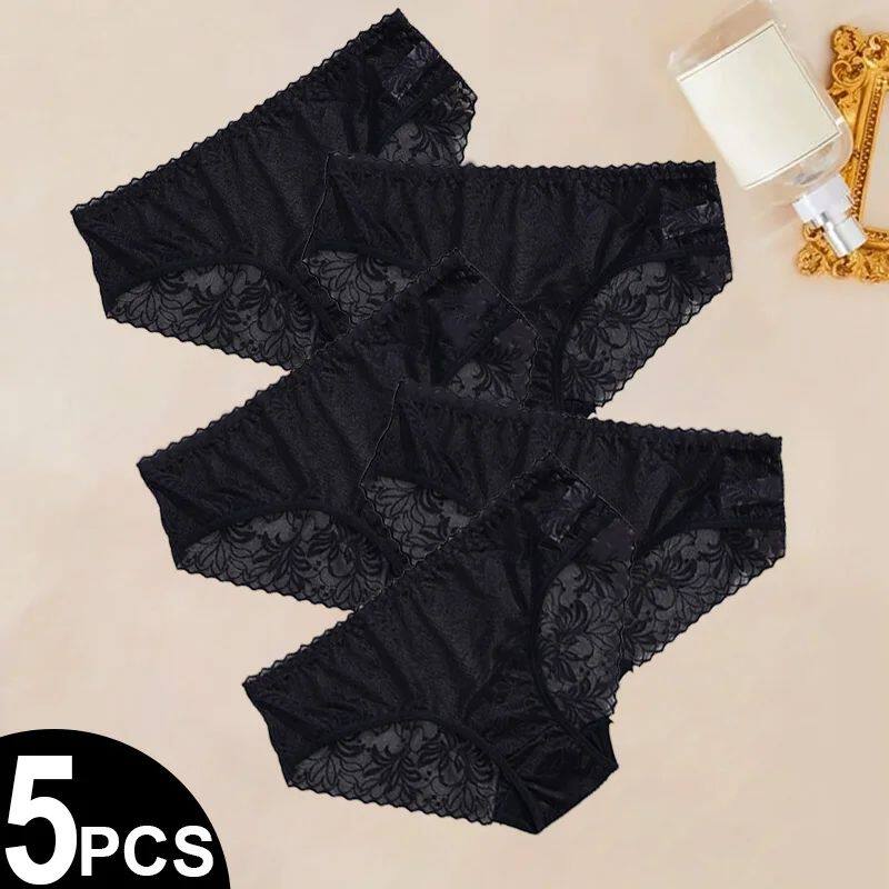 5PCS Solid Color Floral Lace Panties for Women Romantic Tria