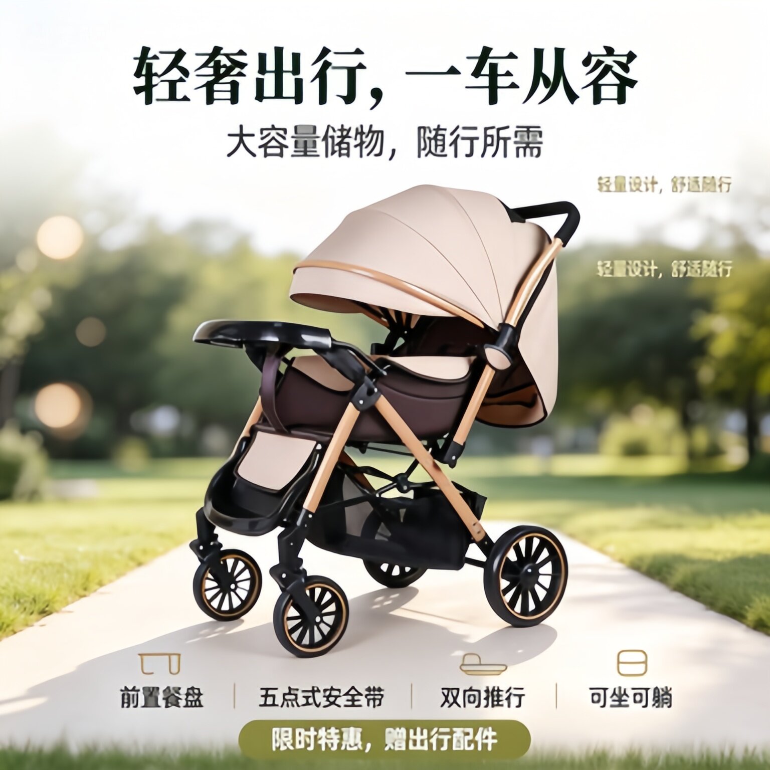 新生0到3岁可坐可躺宝宝推车婴儿车轻便折叠一键收车双向四轮避震