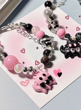 新款猫咪亚文化串珠手链女小众设计可爱少女心甜酷百搭万圣节手链