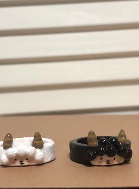 可爱戒指～卡通小羊小众手工彩绘指环童趣少女简约情侣款树脂戒指