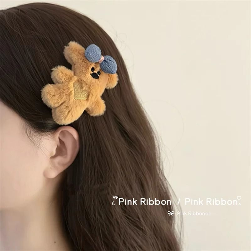 新款可爱童趣毛绒绒蝴蝶结小熊发夹百搭少女心儿童卡通刘海夹边夹