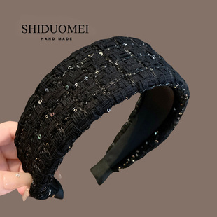 法式高级感黑色亮片编织发箍2025年新款宽边增高炉顶头箍洋气发卡