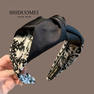 黑色高炉顶发箍女2025年新款水墨晕染宽边打结头箍气质显脸小发卡