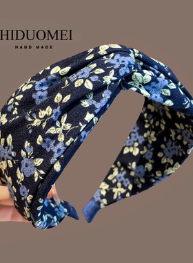 田园风复古小碎花蓝色显白发箍女2025年新款宽边打结头箍发卡头饰