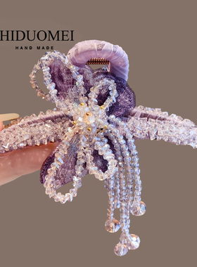 梦幻紫色水晶蝴蝶抓夹大号发夹重工款手作精致流苏飘带马尾夹发卡