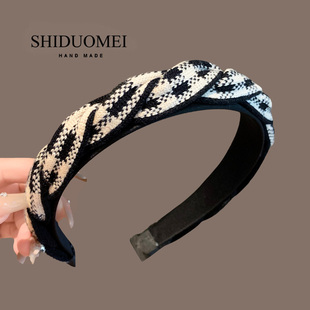 韩系2025秋新品高级感麻花辫子发箍女千鸟格针织头箍百搭气质头饰