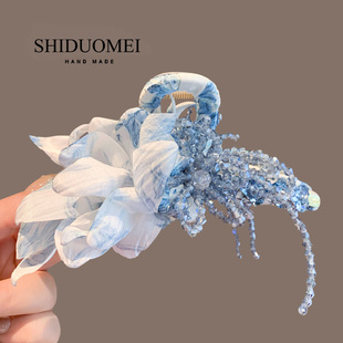 水墨晕染蓝色水晶花朵抓夹女2025新款高端鲨鱼夹发量多后脑勺发夹