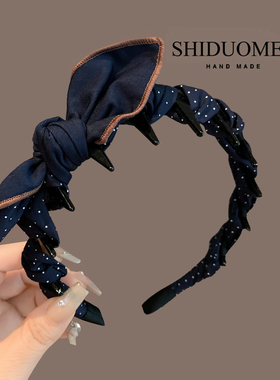 甜美波点藏蓝色兔耳朵发箍2026年新款带齿防滑头箍减龄显脸小发卡