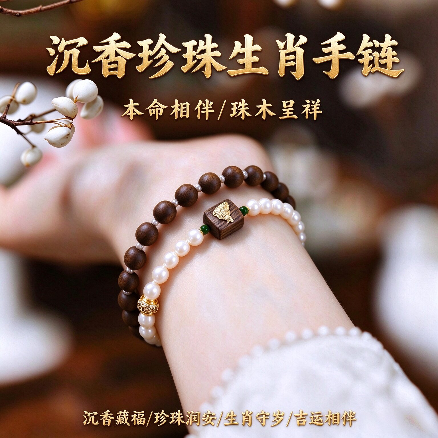 天然奇楠珍珠沉香手串女款生肖