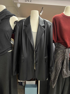 DVZ皮衣外套女设计感西装领复古春秋季新款宽松气质pu皮夹克