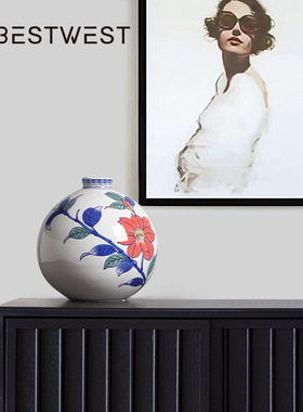 Best west 新中式复古双耳青花瓷陶瓷花瓶摆件家居酒壶花器装饰品