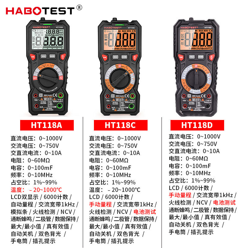 华博HT118A高精度数字万用表数显电容表多功能智能防烧电工维修表