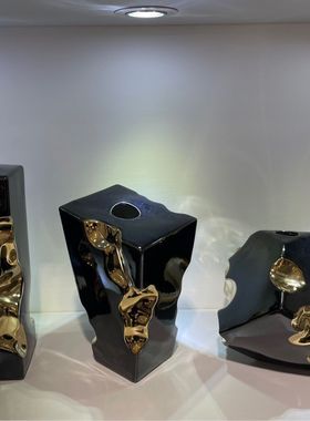 创意黑色镀金陶瓷花瓶摆件现代简约时尚家居装饰品客厅台面摆设