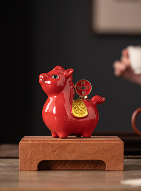 陶瓷马小摆件一对招财红色生肖马