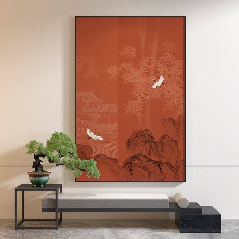 新中式装饰画橙红色山水仙鹤意境中国风客厅玄关背景墙壁轻奢挂画
