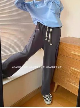 新款ADER捏折长裤女小众潮牌字母刺绣宽松显瘦小个子拖地裤直筒裤
