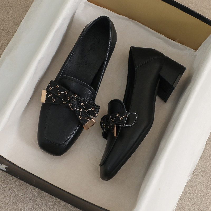 牛皮款~静音高跟复古乐福鞋女2026新款秋冬加绒小单鞋英伦小皮鞋