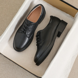 牛皮版~系带乐福鞋女2025新款冬季英伦风平底黑色单鞋加绒小皮鞋