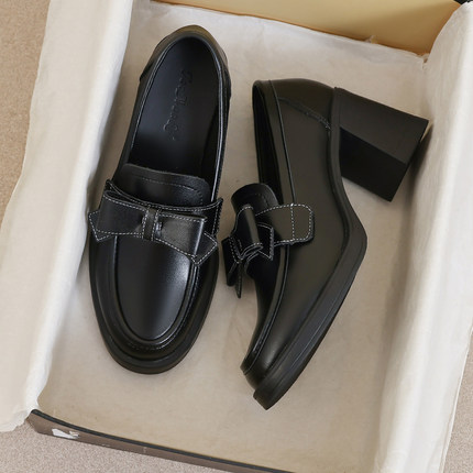 牛皮版~7CM高跟乐福鞋女2026新款春季英伦风粗跟英伦风黑色小皮鞋