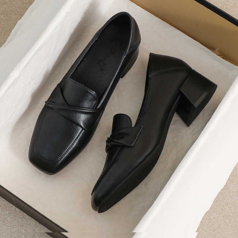 牛皮版~英伦小黑鞋小皮鞋女秋季2025新款粗中跟乐福通勤面试单鞋