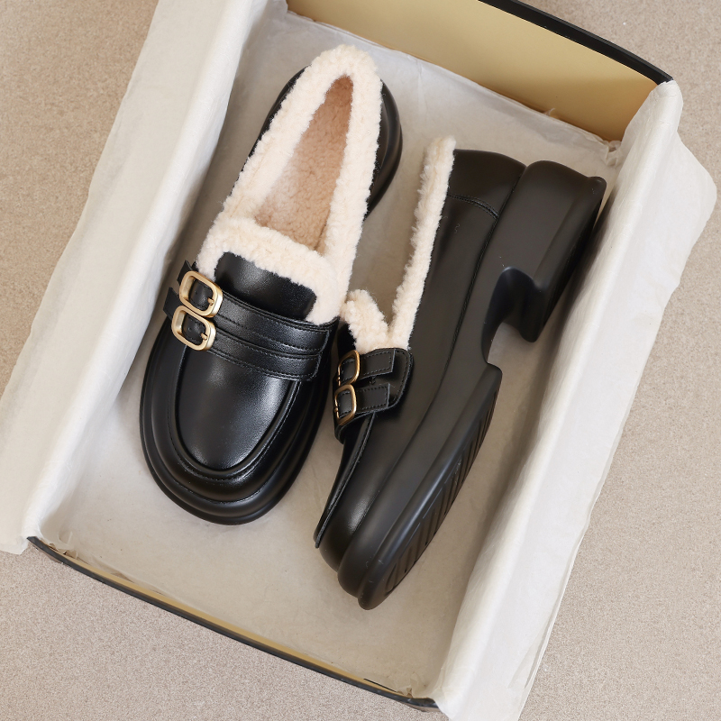 牛皮~34码厚底加绒乐福鞋女2025新款冬季保暖毛毛棉鞋英伦小皮鞋