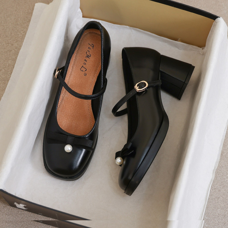 牛皮~玛丽珍女鞋2026新款夏季英伦风黑色高跟34码配裙子皮鞋女款