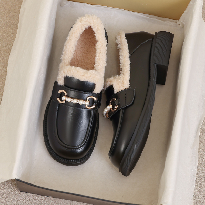 牛皮版~英伦厚底小皮鞋女秋冬加绒乐福毛毛雪地靴大码女鞋41到43