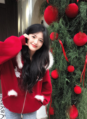 红色幽灵刺绣毛领红色卫衣女秋冬加绒宽松慵懒风圣诞节氛围感外套