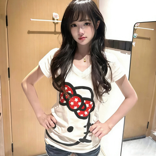 2026千禧短袖女V领修身y2k亚文化穿搭t恤女纯棉休闲百搭kitty上衣