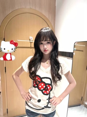 美式千禧风甜酷kitty猫修身v领短袖T恤女夏季新款辣妹纯棉上衣