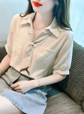 Polo领减龄短袖衬衫女高级感雪纺