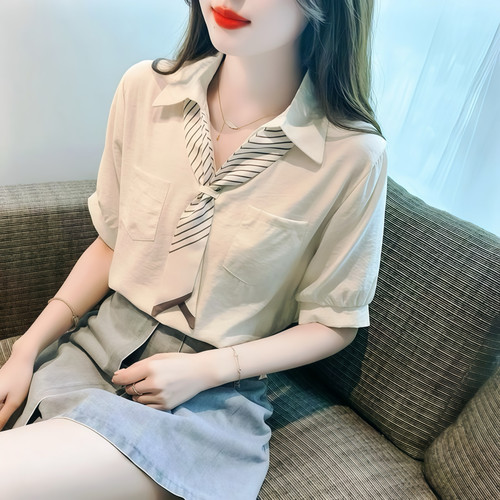 Polo领减龄短袖衬衫女高级感雪纺