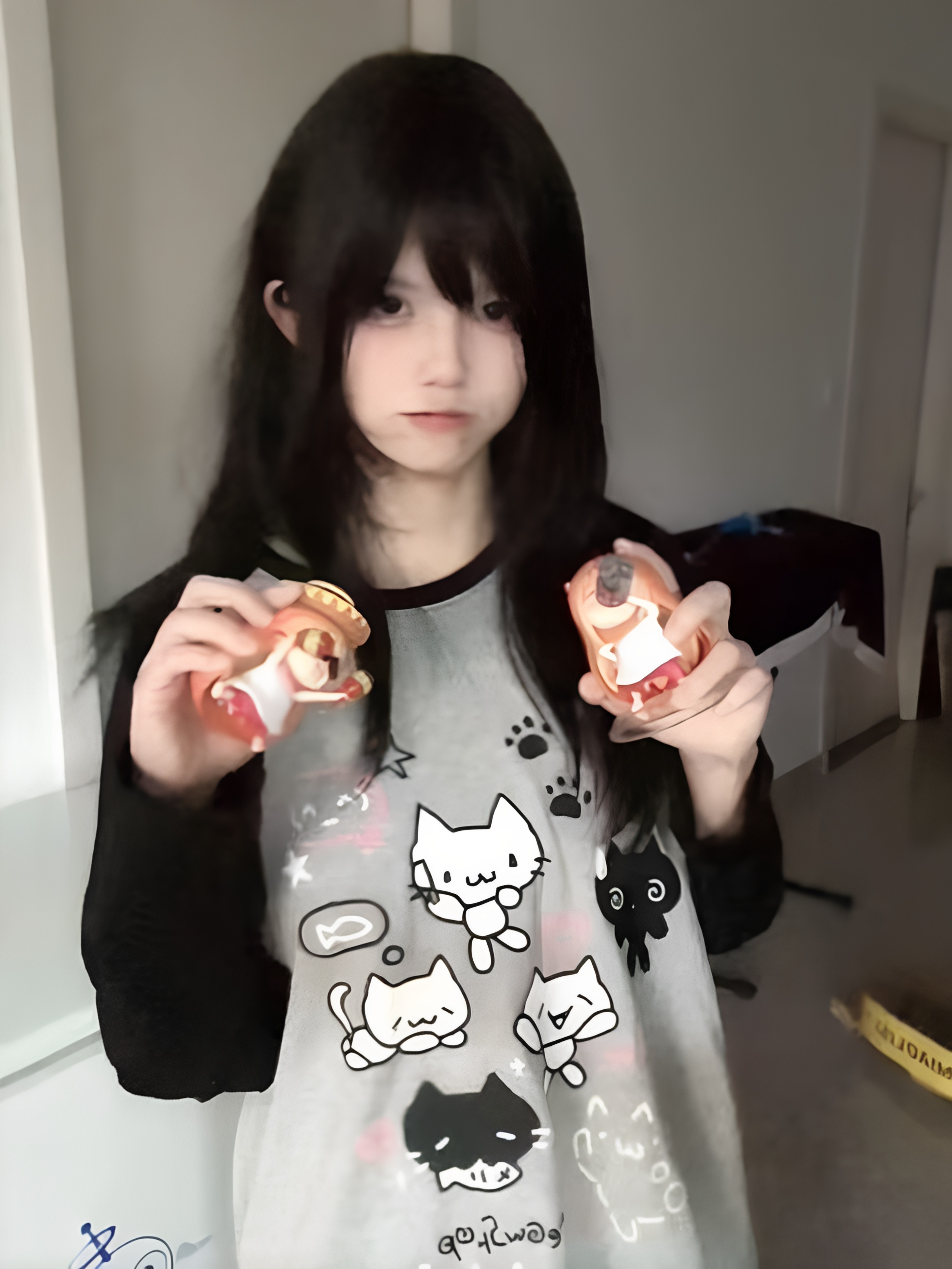 日系软妹猫咪印花长袖T恤女春秋新款宽松显瘦撞色打底衫上衣潮牌