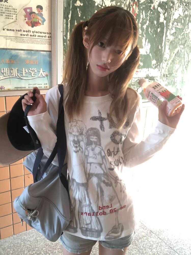 千禧亚文化长袖t恤女小众设计y2k穿搭纯棉秋季显瘦白色打底衫上衣图片