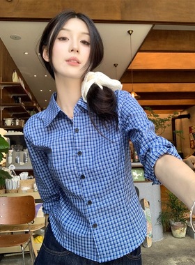 韩系穿搭长袖衬衫女格子小众修身显瘦复古学院风叠穿衬衣百搭上衣