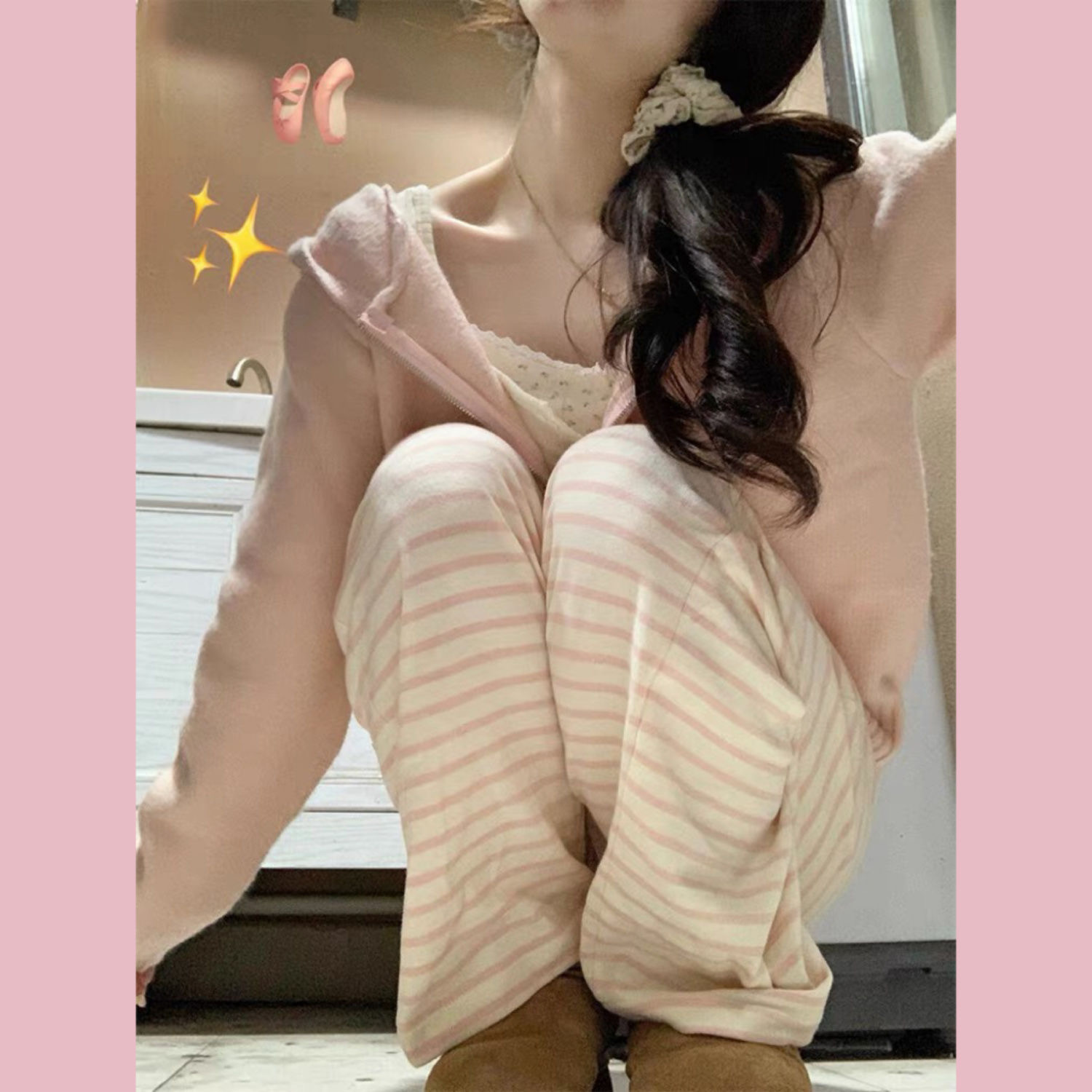 薄款粉色条纹日系可爱软妹软糯裤子女甜美百搭阔脚裤春夏宽松高腰