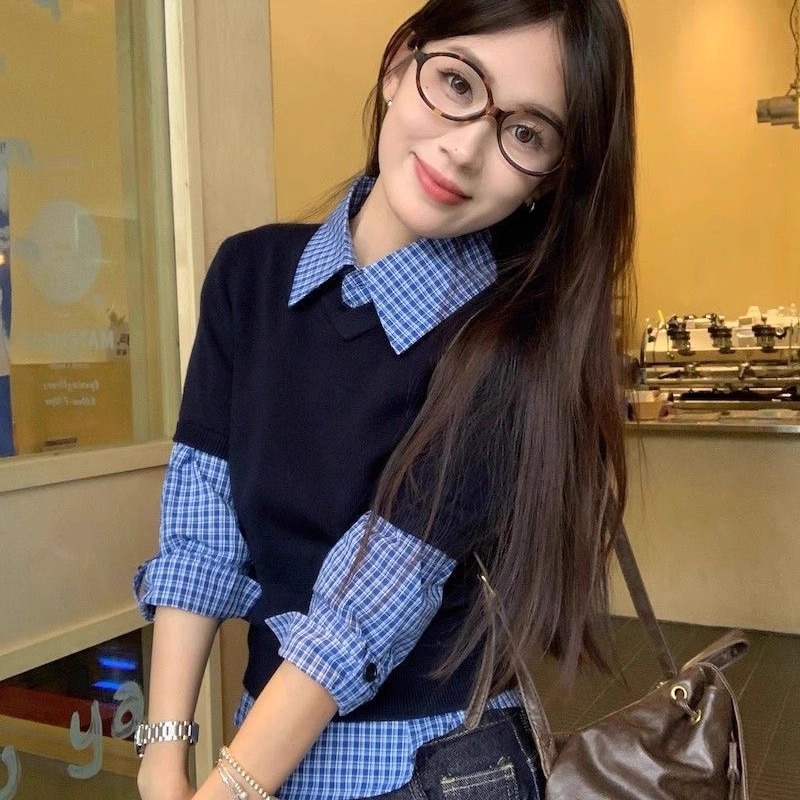 套装女2025秋季新款韩系学院风短款针织毛衣叠穿格子衬衫两件套