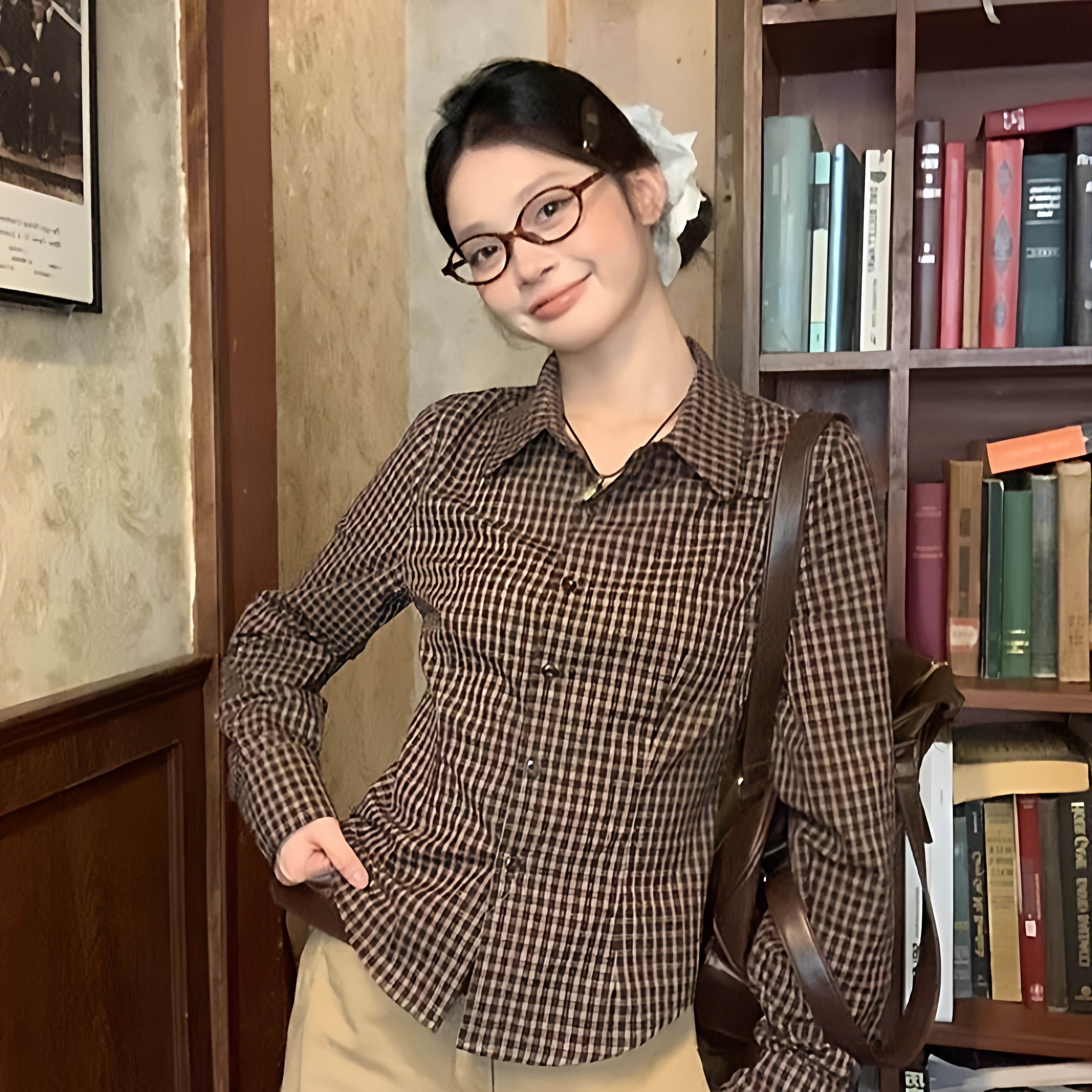 超好看修身收腰咖色格子衬衫女秋艺术生气质小众显瘦百搭长袖衬衣