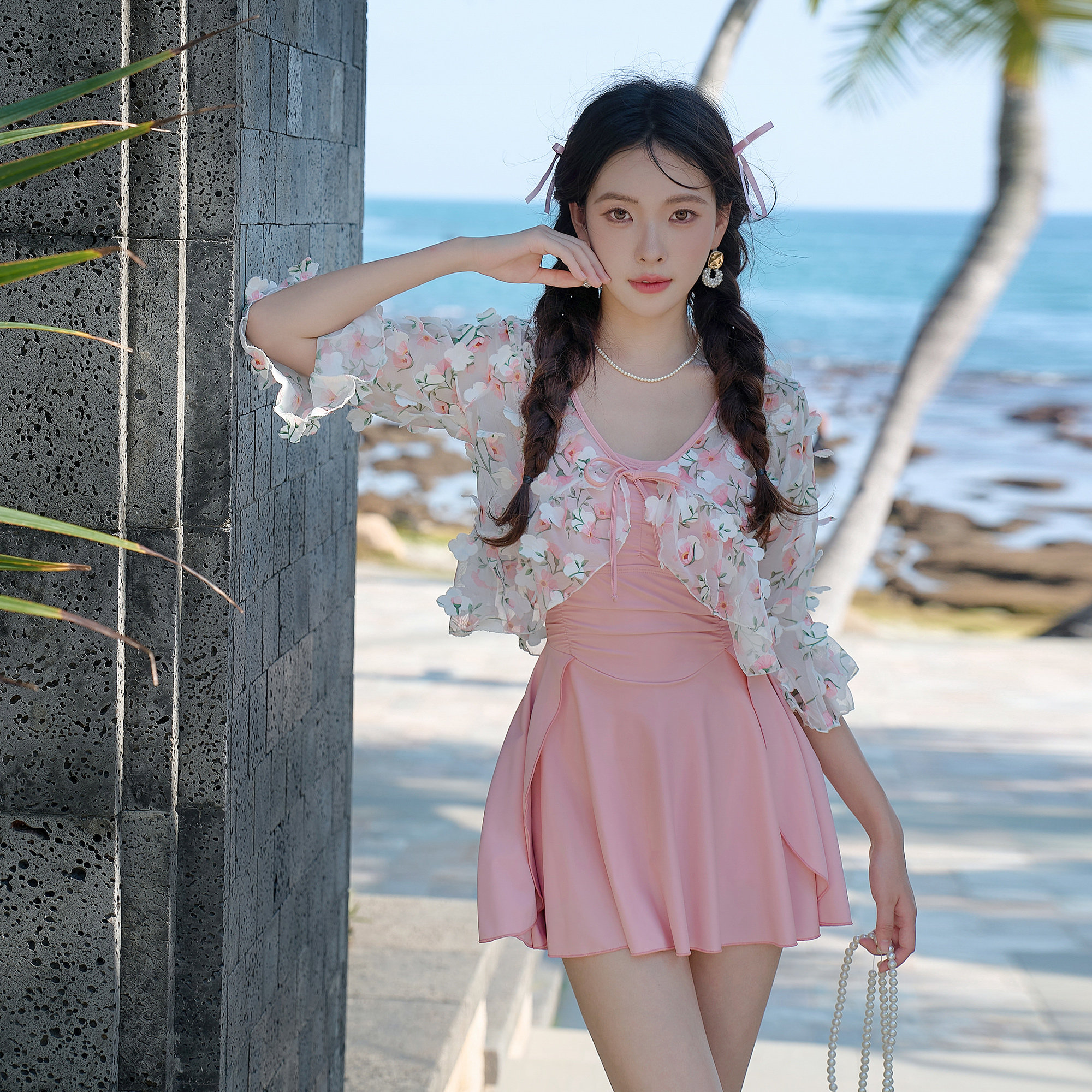 母女同款粉色连体长袖泳衣 儿童女童公主风亲子防晒泳装 休闲水上