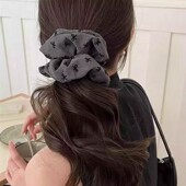 格雷系灰色布艺蝴蝶结印花大肠发圈女法式 优雅发绳时尚 高级感头绳