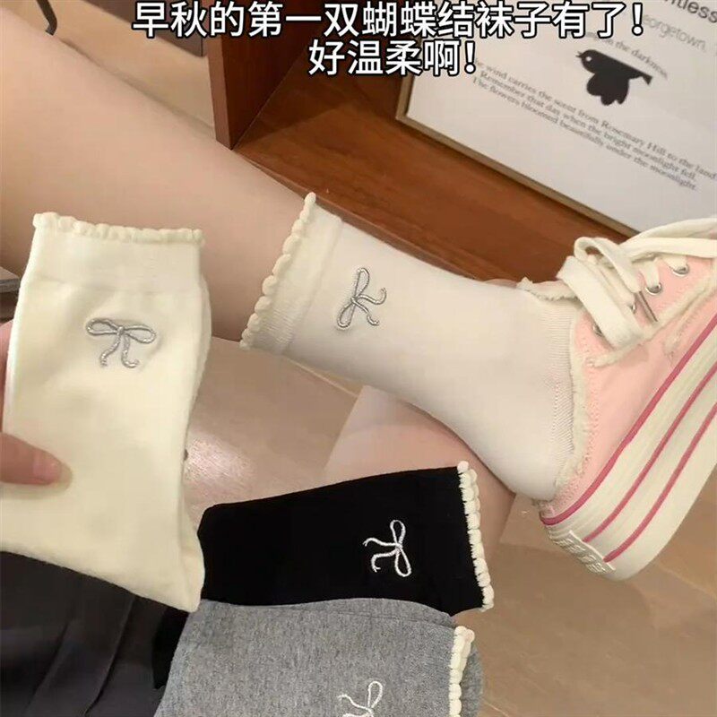 白色蝴蝶结袜子女中筒袜简约春秋款可爱甜美少女花边灰色长筒袜